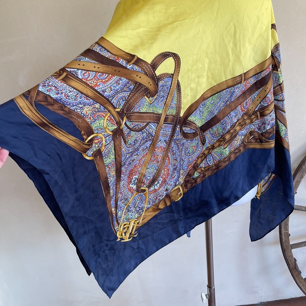 RALPH LAUREN Equestrian English Riding Theme Yellow Blue 100% Silk Poncho Scarf - Picture 9 of 11